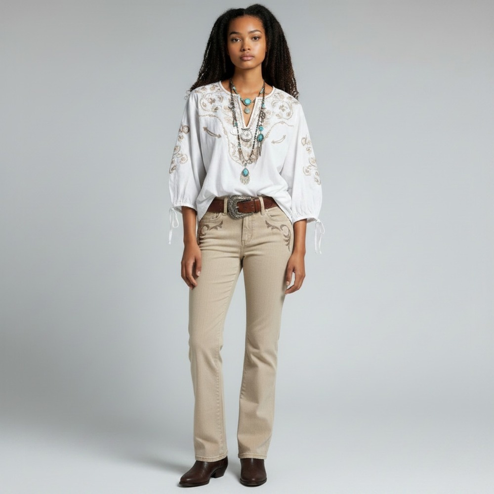 Ralph Lauren Jeans Co Womens 6 Tan Western Stretch Classic Boot Cut‎ Embroidered